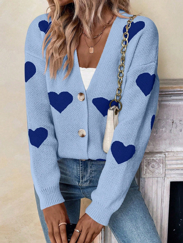 Essnce cardigan informal holgado monobotonadura de manga larga con caida en los hombros y estampado de corazon para mujer, otono/invierno