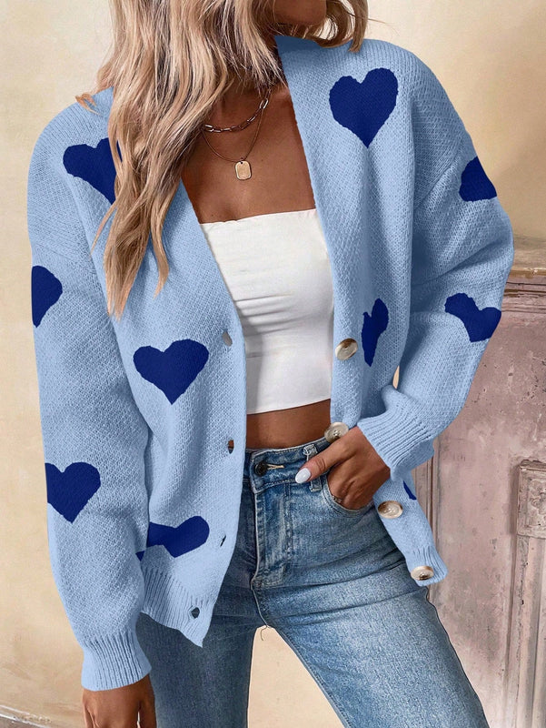 Essnce cardigan informal holgado monobotonadura de manga larga con caida en los hombros y estampado de corazon para mujer, otono/invierno