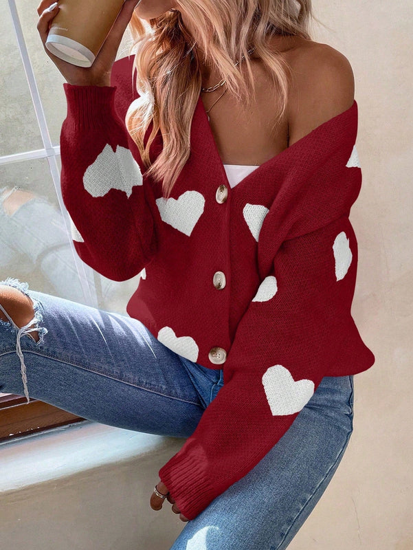 Essnce cardigan informal holgado monobotonadura de manga larga con caida en los hombros y estampado de corazon para mujer, otono/invierno