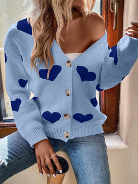 Essnce cardigan informal holgado monobotonadura de manga larga con caida en los hombros y estampado de corazon para mujer, otono/invierno