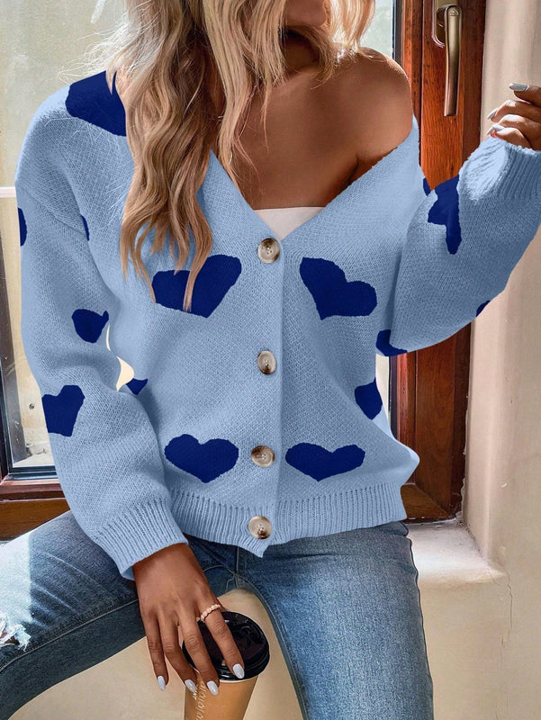 Essnce sueter de cardigan grueso y calido con patron de corazones verdes y blancos para mujer