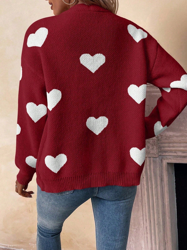 Essnce sueter de cardigan grueso y calido con patron de corazones verdes y blancos para mujer