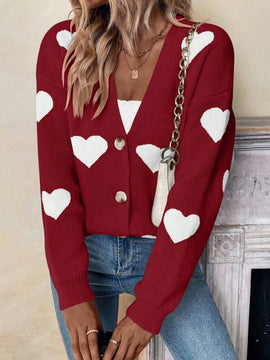 Essnce sueter de cardigan grueso y calido con patron de corazones verdes y blancos para mujer