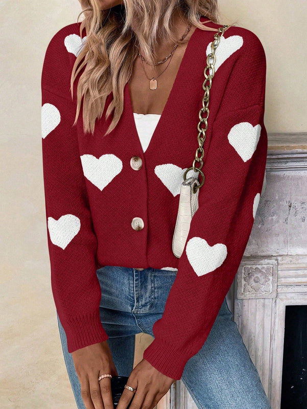 Essnce sueter de cardigan grueso y calido con patron de corazones verdes y blancos para mujer