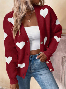 Essnce cardigan informal holgado monobotonadura de manga larga con caida en los hombros y estampado de corazon para mujer, otono/invierno