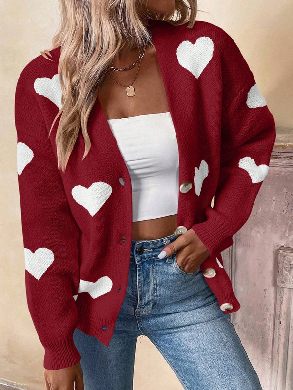 Essnce cardigan informal holgado monobotonadura de manga larga con caida en los hombros y estampado de corazon para mujer, otono/invierno