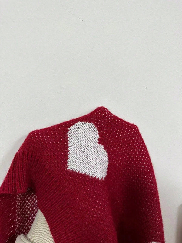 Essnce cardigan informal holgado monobotonadura de manga larga con caida en los hombros y estampado de corazon para mujer, otono/invierno