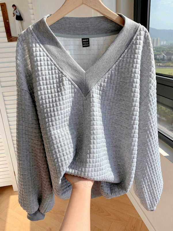 Comfortcana sudadera de cuello redondo para mujer de punto de gofre gris