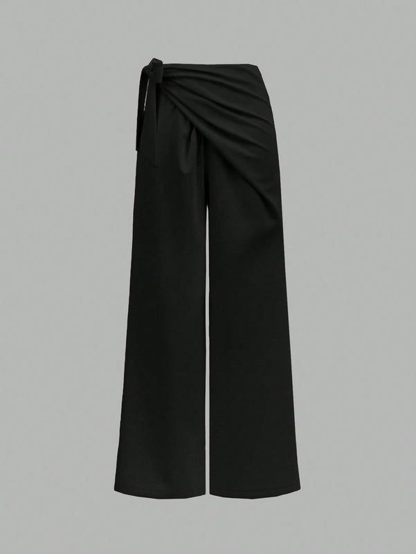 Prive pantalones anchos de cintura alta de apariencia de lino caqui para mujer