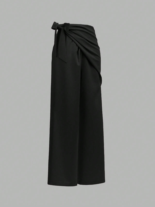 Prive pantalones anchos de cintura alta de apariencia de lino caqui para mujer