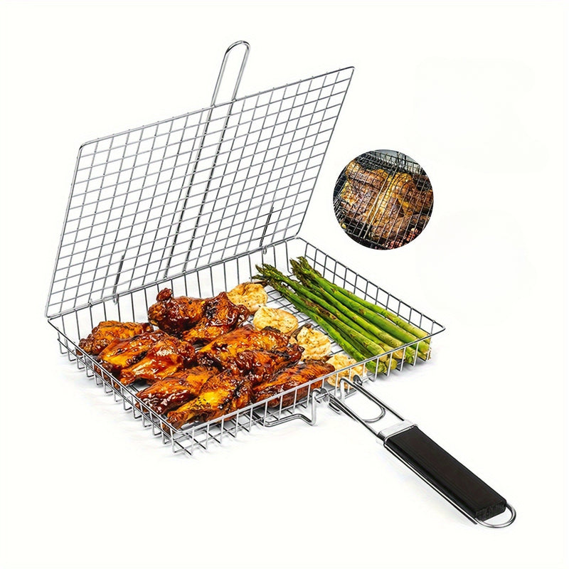 1pc Cesta para Parrilla BBQ de Alta Resistencia con Mango Ergonómico - Volteador Metálico Antioxidante para Carne, Filetes y Verduras - Ideal para Camping, Picnics y Cocina al Aire Libre, Accesorios para Parrillas, Herramienta Duradera para Asar
