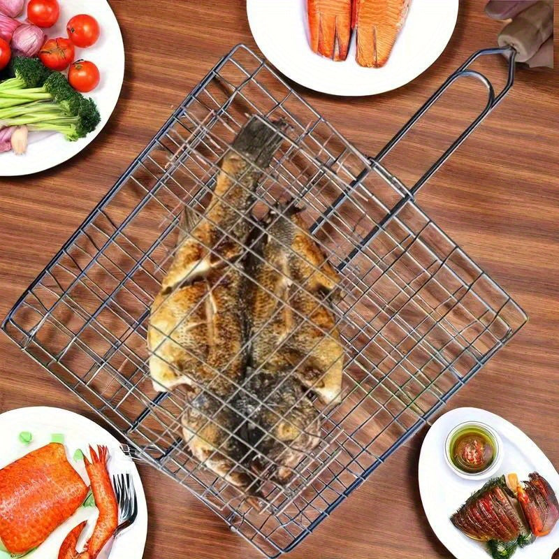 1pc Cesta para Parrilla BBQ de Alta Resistencia con Mango Ergonómico - Volteador Metálico Antioxidante para Carne, Filetes y Verduras - Ideal para Camping, Picnics y Cocina al Aire Libre, Accesorios para Parrillas, Herramienta Duradera para Asar