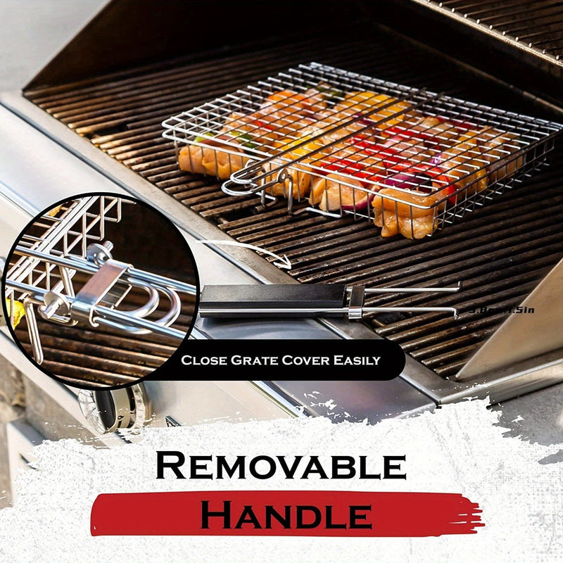 1pc Cesta para Parrilla BBQ de Alta Resistencia con Mango Ergonómico - Volteador Metálico Antioxidante para Carne, Filetes y Verduras - Ideal para Camping, Picnics y Cocina al Aire Libre, Accesorios para Parrillas, Herramienta Duradera para Asar