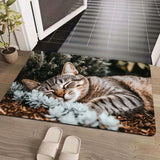 Alfombrilla de entrada de poliéster lavable en máquina con respaldo de PVC antiderrapante - Diseño de siesta de gato para decoración de baño, cocina, sala de estar y dormitorio