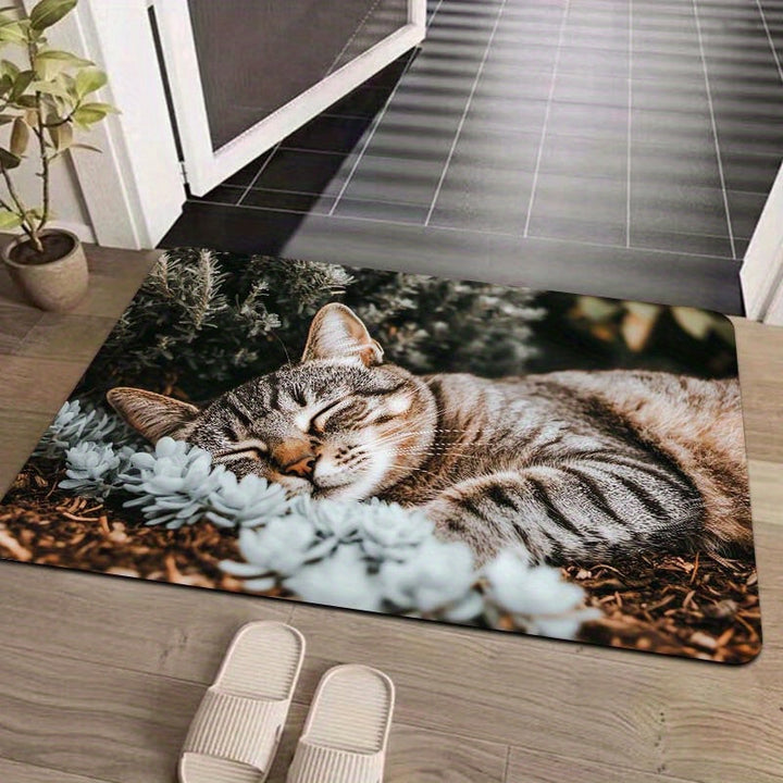 Alfombrilla de entrada de poliéster lavable en máquina con respaldo de PVC antiderrapante - Diseño de siesta de gato para decoración de baño, cocina, sala de estar y dormitorio