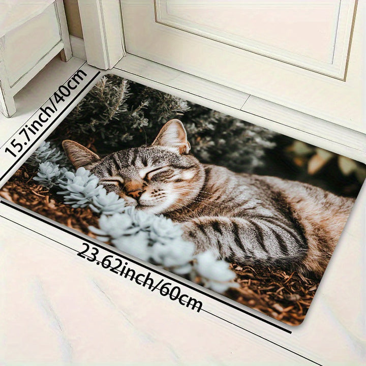 Alfombrilla de entrada de poliéster lavable en máquina con respaldo de PVC antiderrapante - Diseño de siesta de gato para decoración de baño, cocina, sala de estar y dormitorio