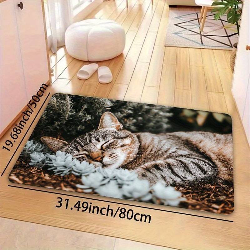 Alfombrilla de entrada de poliéster lavable en máquina con respaldo de PVC antiderrapante - Diseño de siesta de gato para decoración de baño, cocina, sala de estar y dormitorio