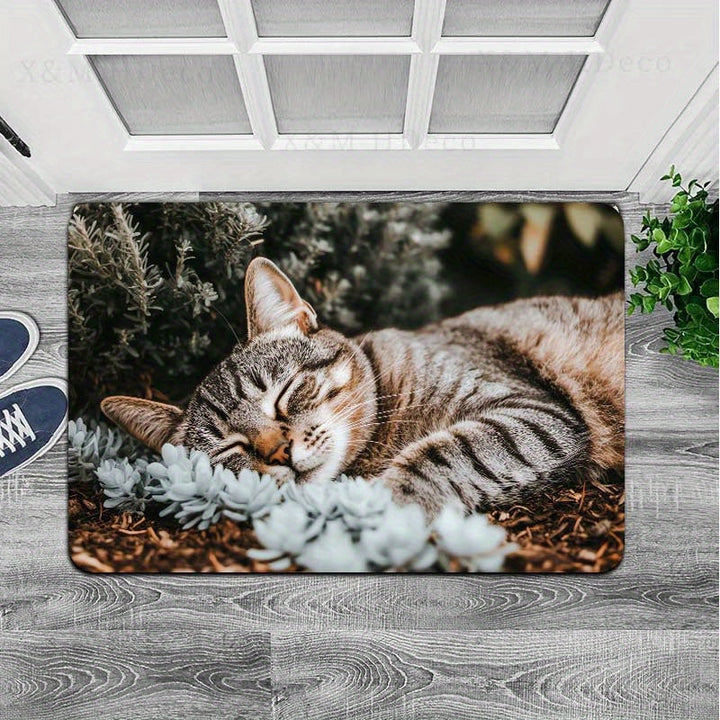 Alfombrilla de entrada de poliéster lavable en máquina con respaldo de PVC antiderrapante - Diseño de siesta de gato para decoración de baño, cocina, sala de estar y dormitorio