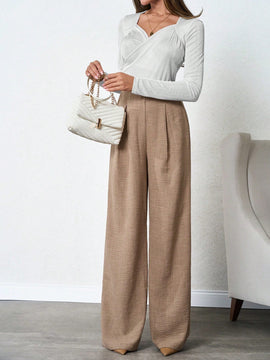 Tall pantalones de pierna ancha de lino beige para mujeres altas