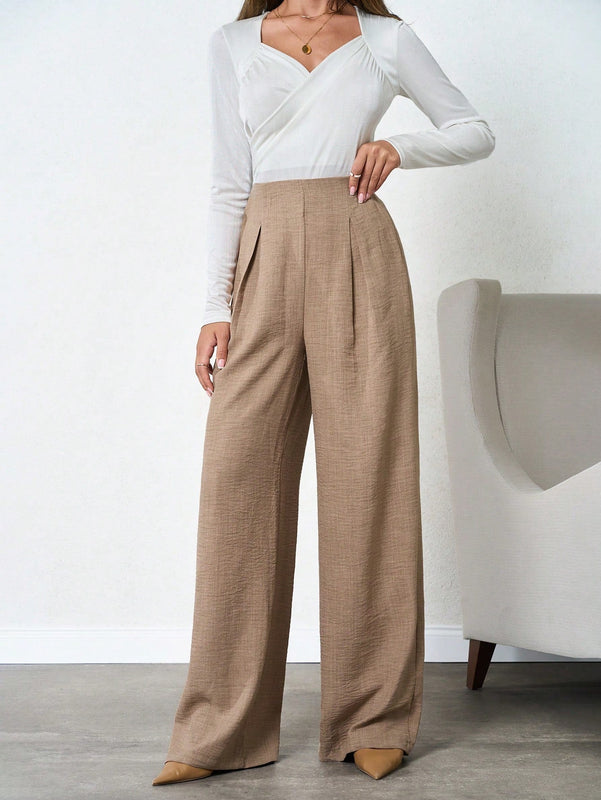 Tall pantalones de pierna ancha de lino beige para mujeres altas