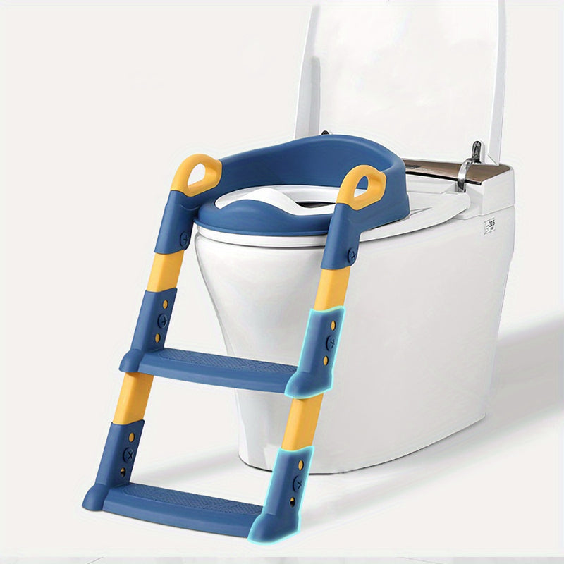 Asiento de Inodoro para Entrenamiento en el Baño Infantil con Escalera Plegable - Asistente de Seguridad Azul y Amarillo para Uso en el Baño