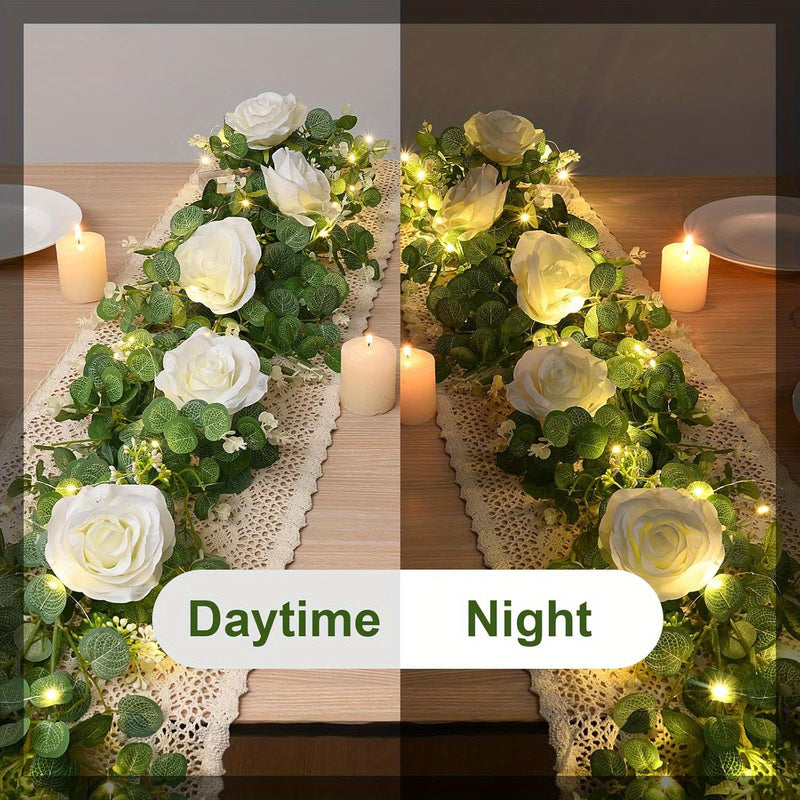 1 pza. guirnalda artificial de eucalipto estilo glam con luces LED y rosas, decoración falsa con detalles champán para mesa, chimenea, pared, arco, fiesta de bodas, funciona con baterías (2 AA no incluidas)