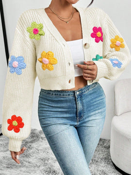 Essnce 1 pieza cardigan casual de manga larga con botones al frente y bordado floral