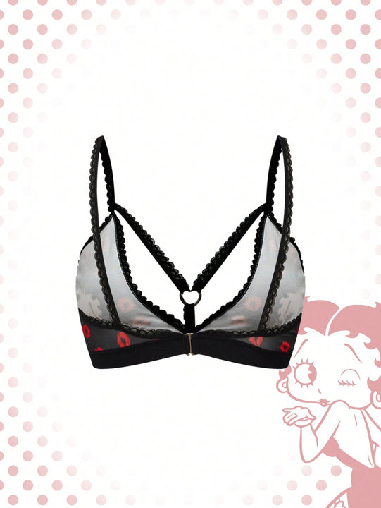 Betty boop | romwe 1 pieza sujetador acolchado inalambrico con decoracion de personaje de dibujos animados y estampado de labios con forma de corazon