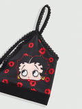 Betty boop | romwe 1 pieza sujetador acolchado inalambrico con decoracion de personaje de dibujos animados y estampado de labios con forma de corazon