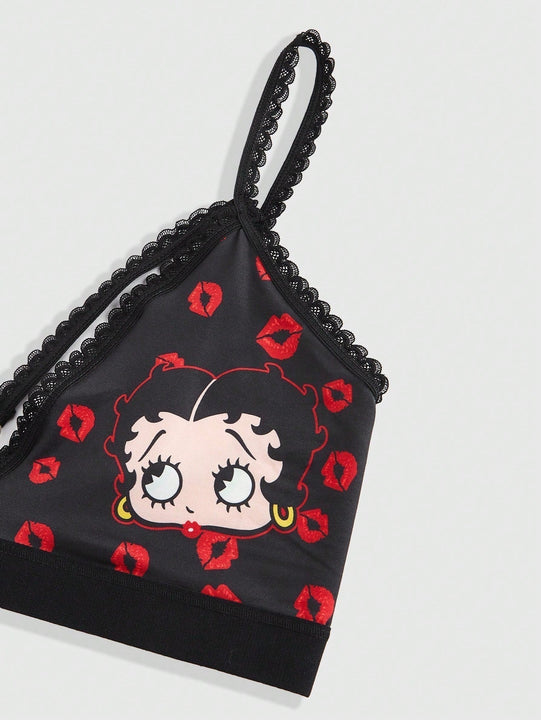 Betty boop | romwe 1 pieza sujetador acolchado inalambrico con decoracion de personaje de dibujos animados y estampado de labios con forma de corazon