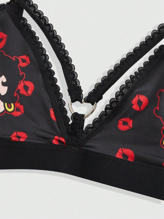 Betty boop | romwe 1 pieza sujetador acolchado inalambrico con decoracion de personaje de dibujos animados y estampado de labios con forma de corazon