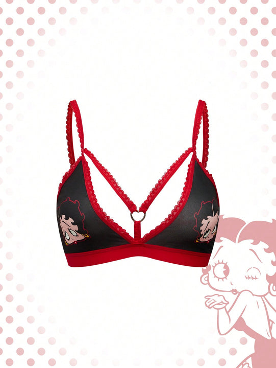 Betty boop | romwe 1 pieza sujetador acolchado inalambrico con decoracion de personaje de dibujos animados y estampado de labios con forma de corazon