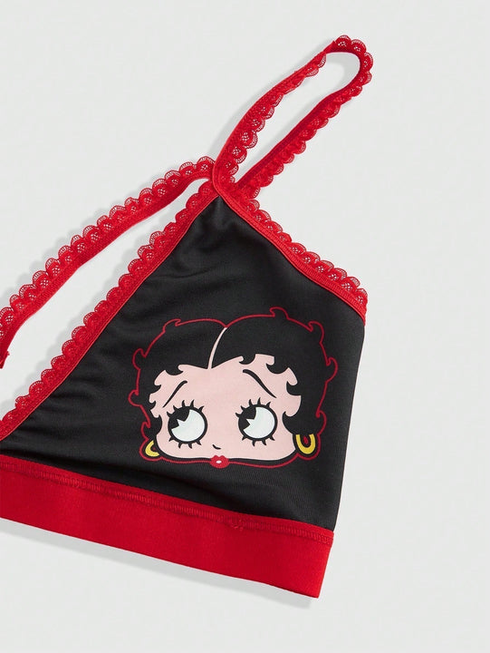 Betty boop | romwe 1 pieza sujetador acolchado inalambrico con decoracion de personaje de dibujos animados y estampado de labios con forma de corazon