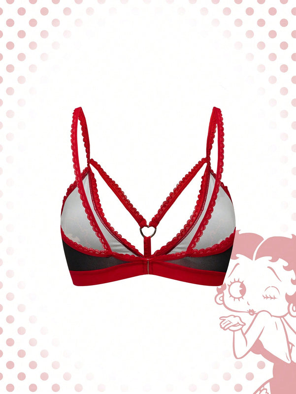 Betty boop | romwe 1 pieza sujetador acolchado inalambrico con decoracion de personaje de dibujos animados y estampado de labios con forma de corazon