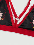 Betty boop | romwe 1 pieza sujetador acolchado inalambrico con decoracion de personaje de dibujos animados y estampado de labios con forma de corazon
