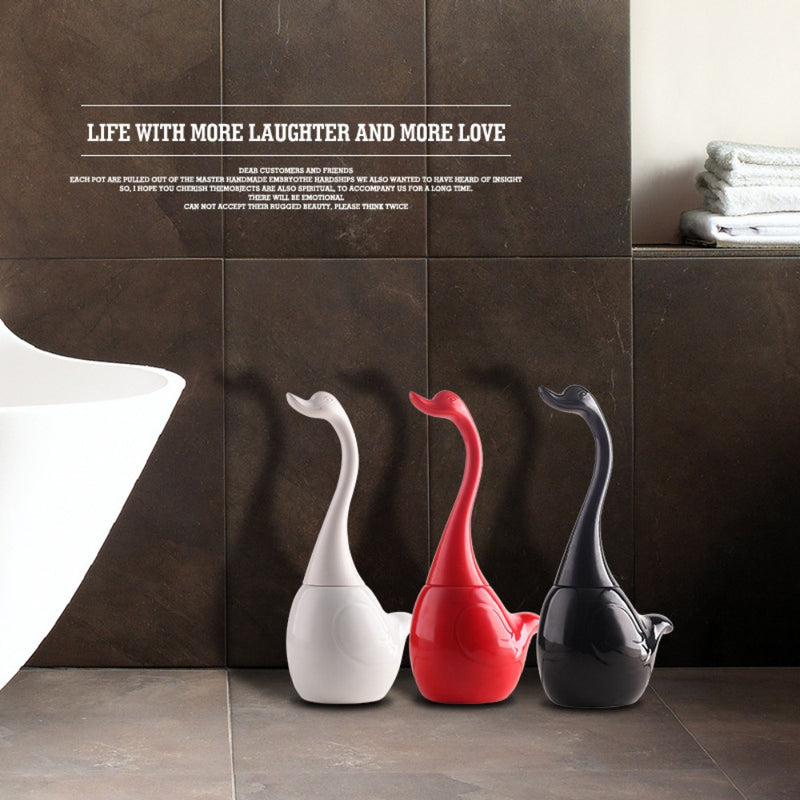 Juego de escobilla de baño independiente con forma de cisne, base de cerámica, mango largo de plástico, cepillo de limpieza de esquinas para baño, accesorio de limpieza reutilizable para el hogar.