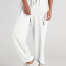 Pantalones de cargo con bolsillo con solapa, cordon ajustable y cintura elastica de saten para mujeres