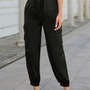 Pantalones de cargo con bolsillo con solapa, cordon ajustable y cintura elastica de saten para mujeres