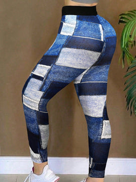 Slayr pantalones ajustados de mujer con estampado de tela escocesa azul y blanco (estampado aleatorio)