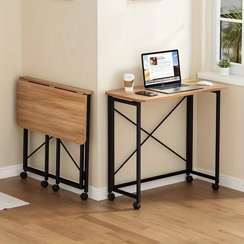 Escritorio plegable portátil de madera con ruedas giratorias 360°, mesa para computadora de oficina en casa, panel de madera y estructura metálica, sin necesidad de electricidad, 1 unidad