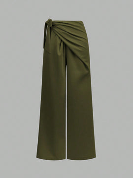 Prive pantalones anchos de cintura alta de apariencia de lino caqui para mujer
