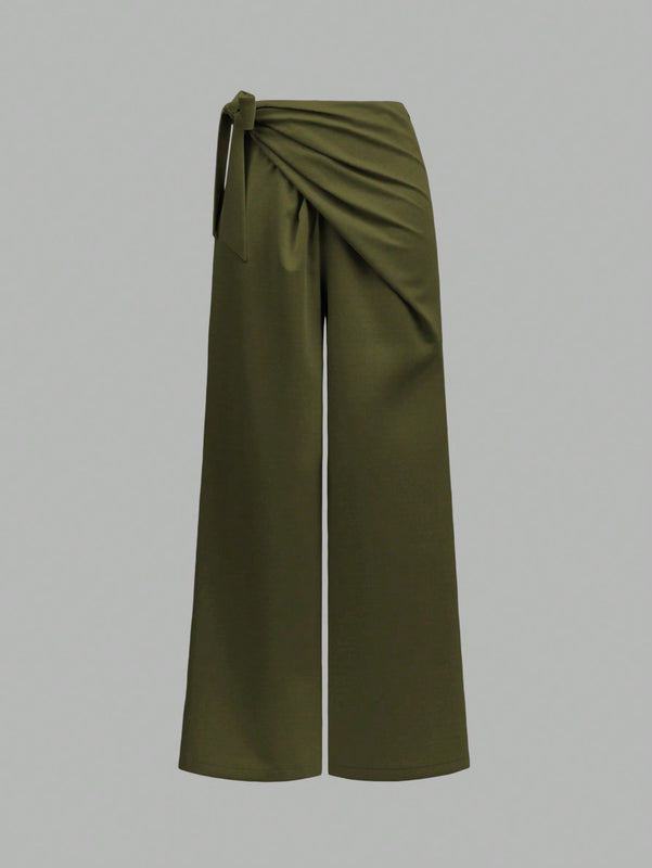 Prive pantalones anchos de cintura alta de apariencia de lino caqui para mujer