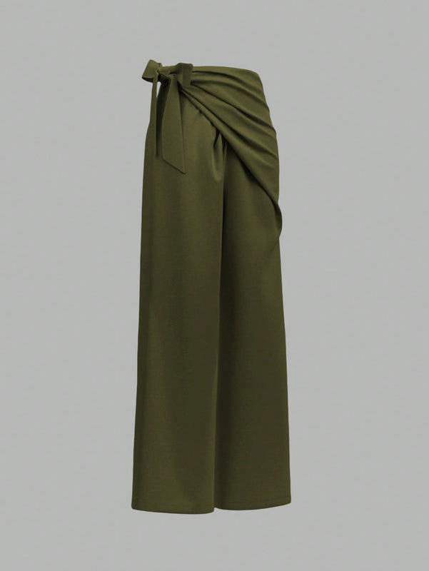 Prive pantalones anchos de cintura alta de apariencia de lino caqui para mujer