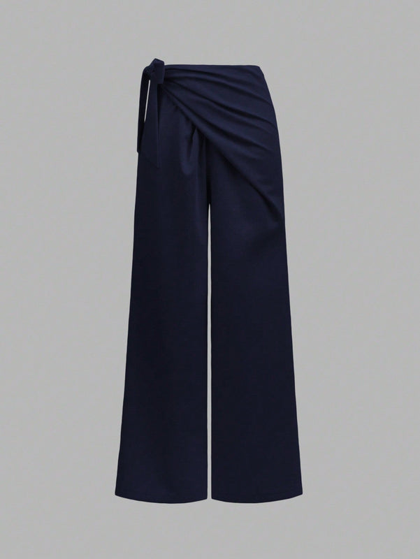 Prive pantalones anchos de cintura alta de apariencia de lino caqui para mujer