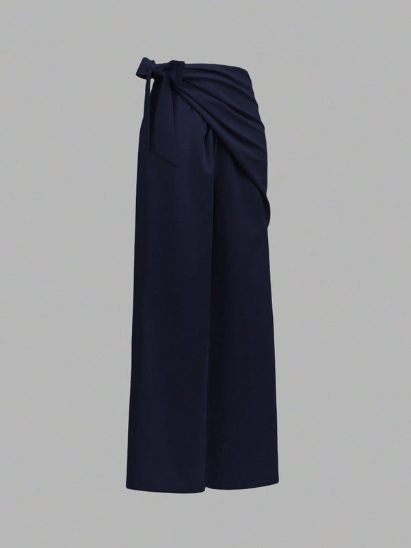 Prive pantalones anchos de cintura alta de apariencia de lino caqui para mujer