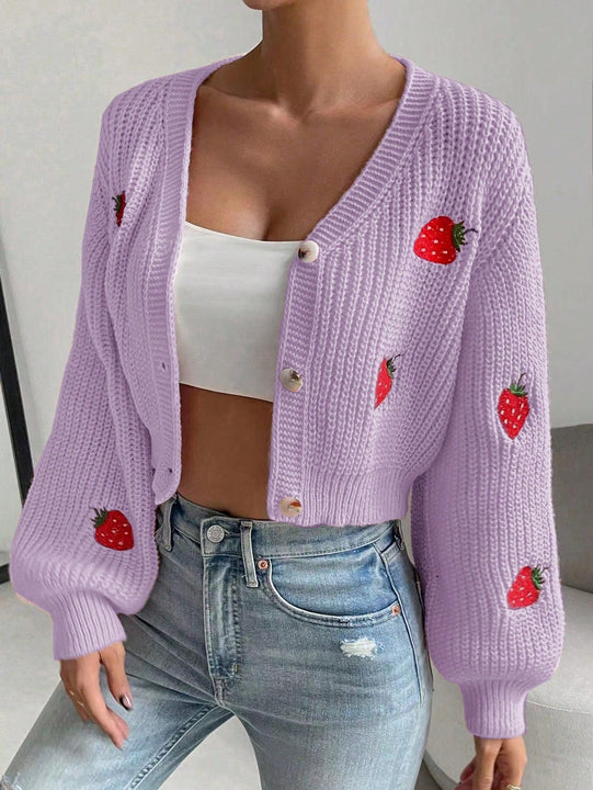Moosta cardigan holgado de mujer con mangas farol, hombros caidos y bordado de fresa de estilo casual