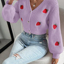Moosta cardigan holgado de mujer con mangas farol, hombros caidos y bordado de fresa de estilo casual