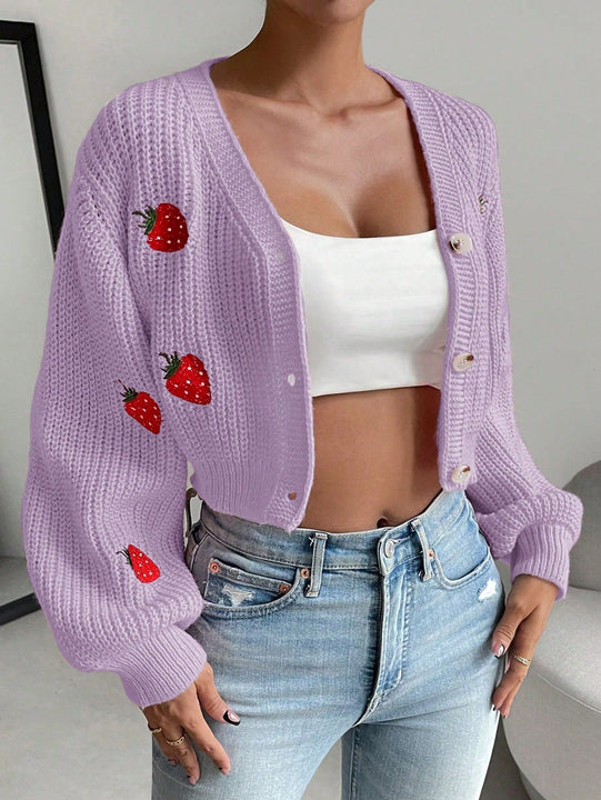 Moosta cardigan holgado de mujer con mangas farol, hombros caidos y bordado de fresa de estilo casual