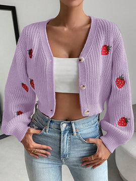Moosta cardigan holgado de mujer con mangas farol, hombros caidos y bordado de fresa de estilo casual