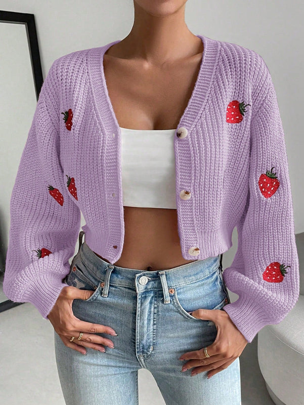 Moosta cardigan holgado de mujer con mangas farol, hombros caidos y bordado de fresa de estilo casual